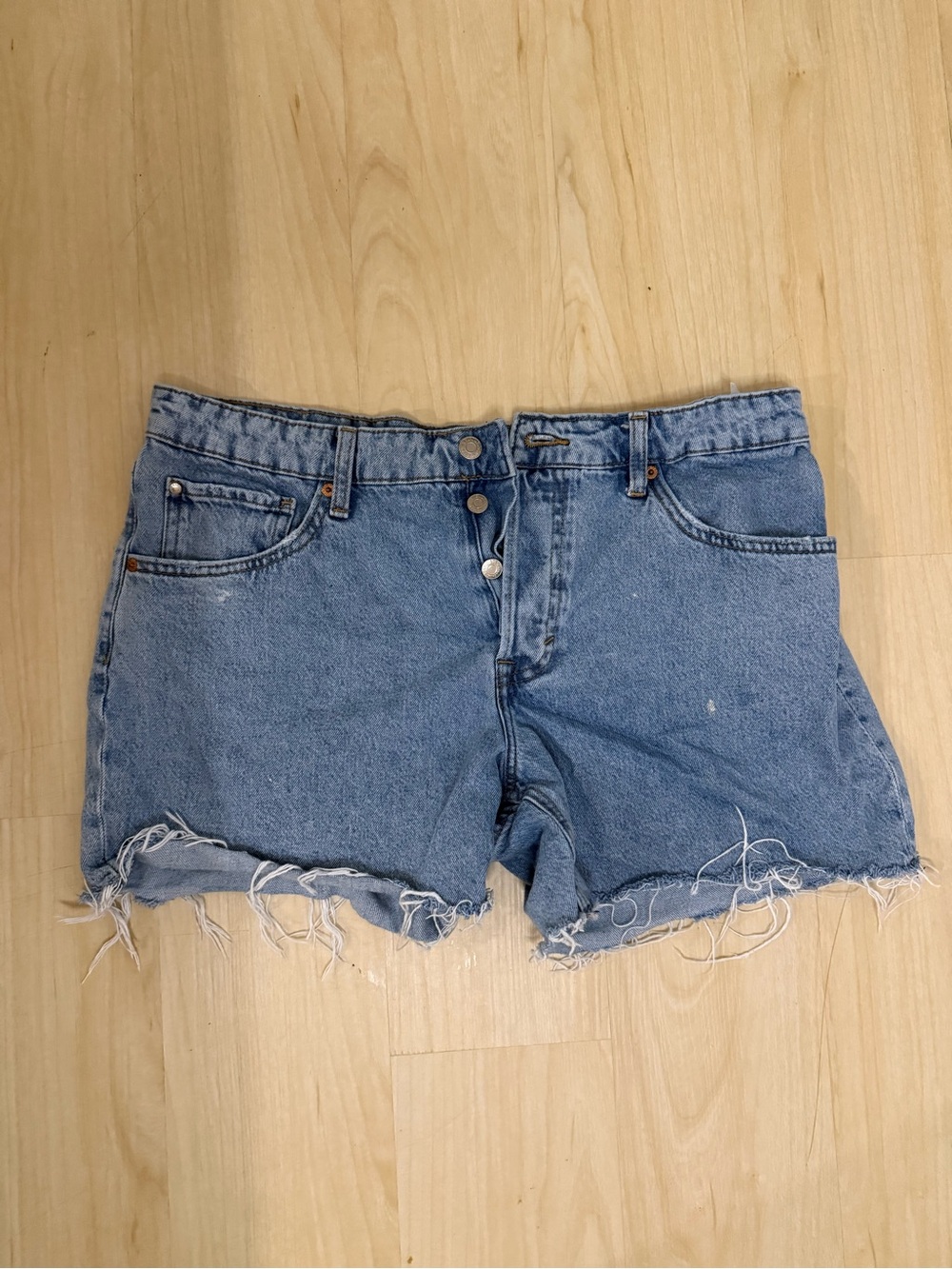 & denim Light Blue Frayed Denim Cutoff Shorts